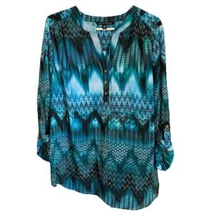 Zac & Rachel Pullover Tunic Top  Size XL Blue Button Long Sleeve Roll Tab